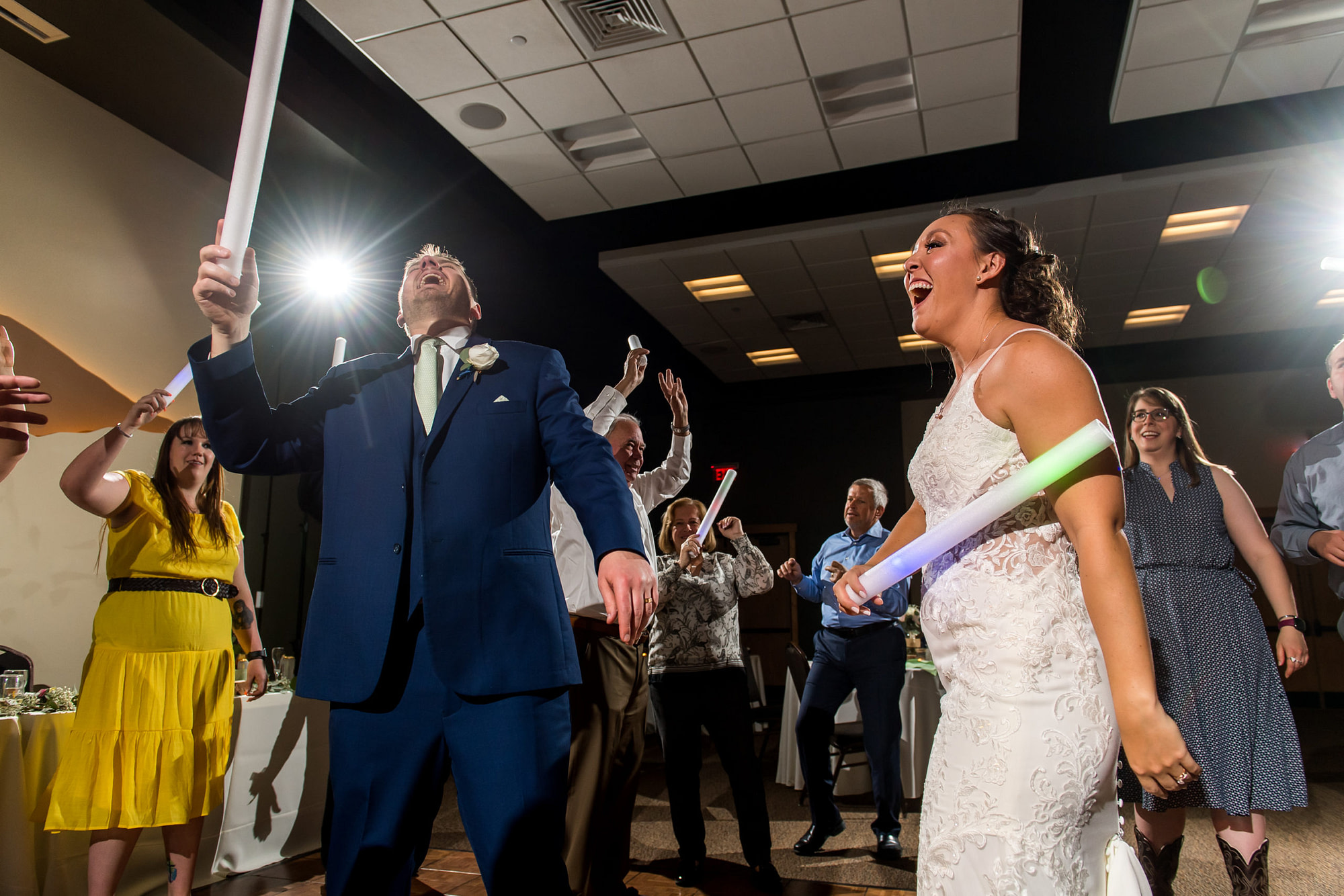 The bride and groom dance during their YMCA of the Rockies wedding in Estes Park, Colorado.