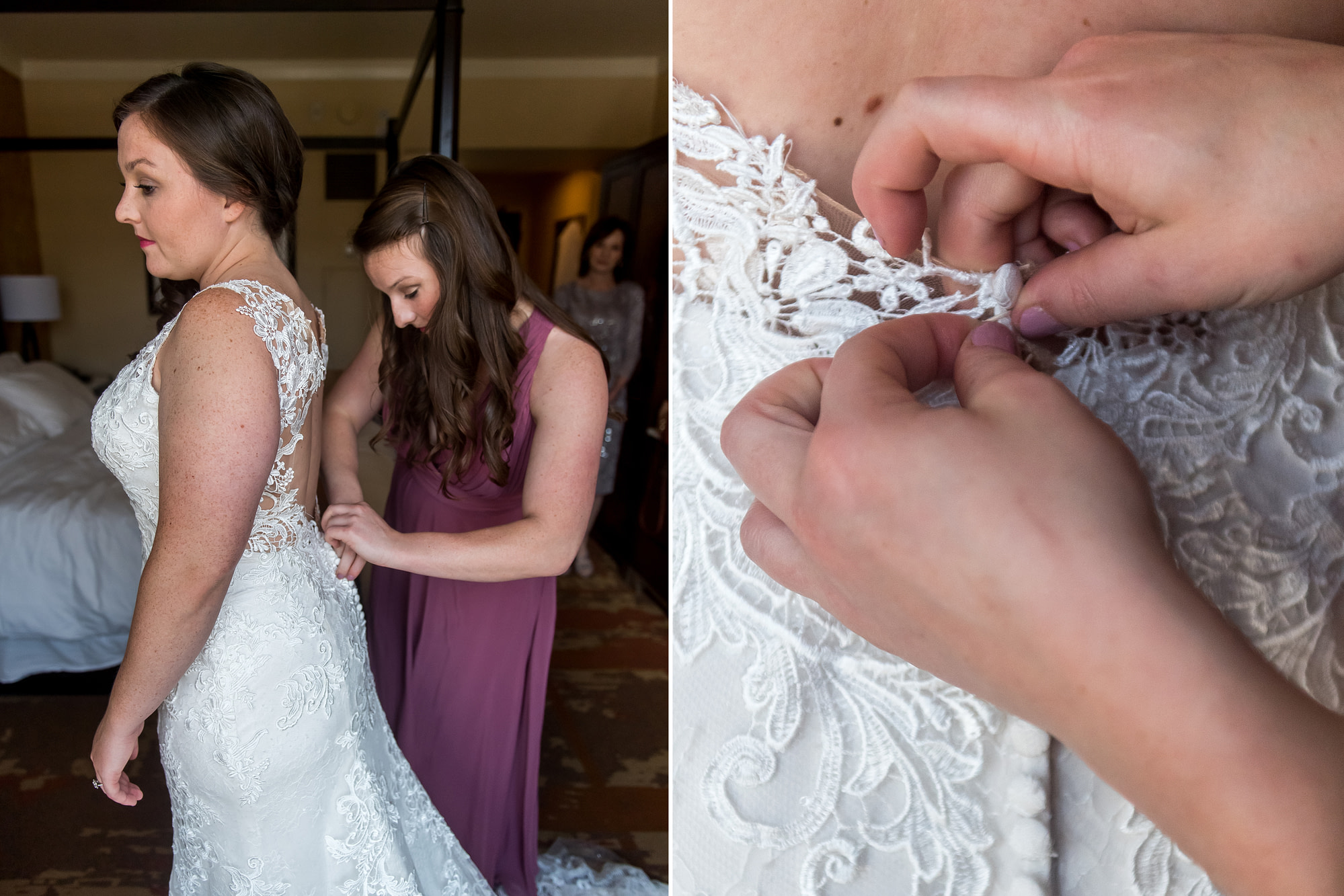 The bride gets into her dress with the assist of her maid of honor before a Greenbriar Inn wedding in Boulder, Colorado.
