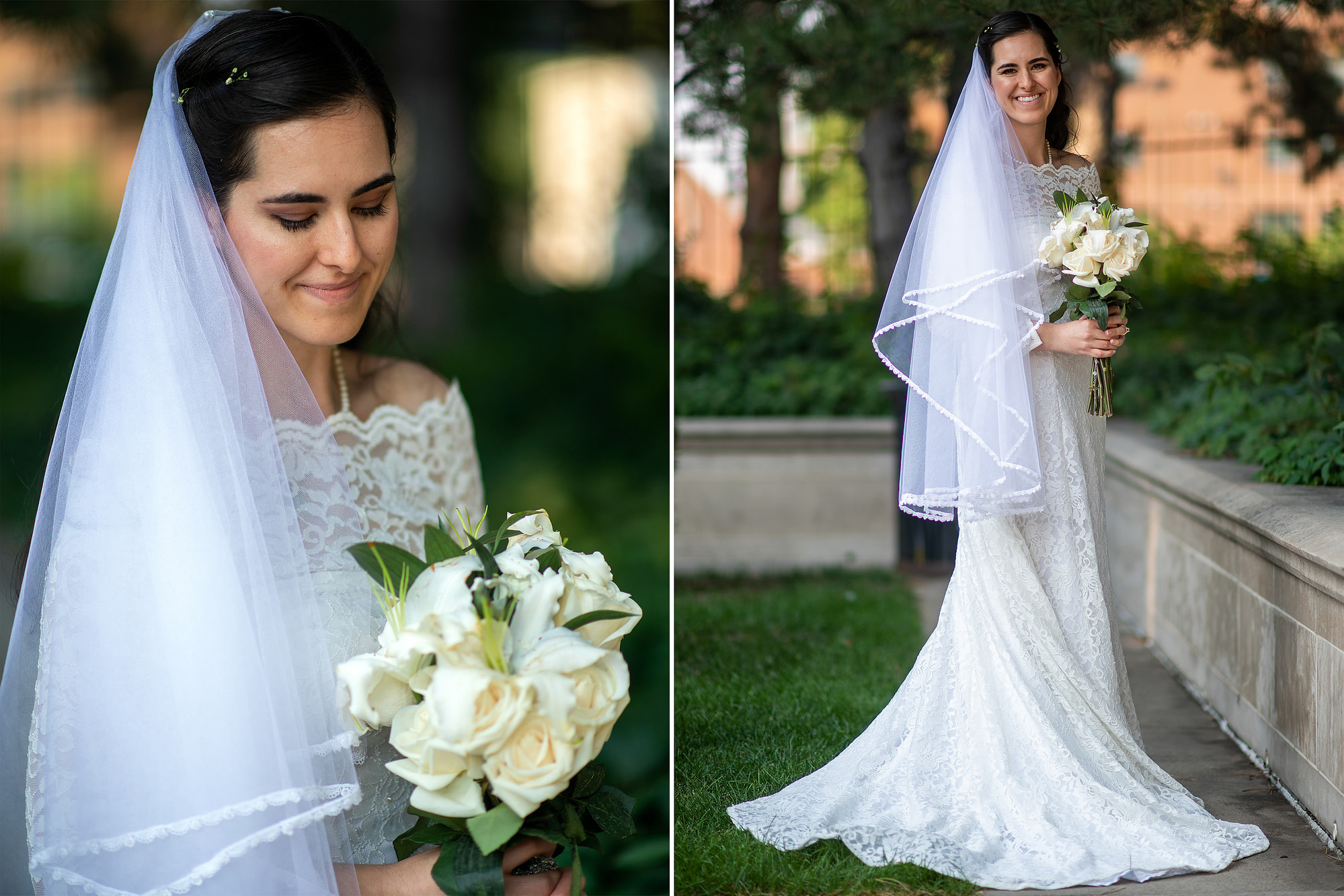 Aurora poses for a portrait after her wedding outside the Cathedral Basilica of the Immaculate Conception.