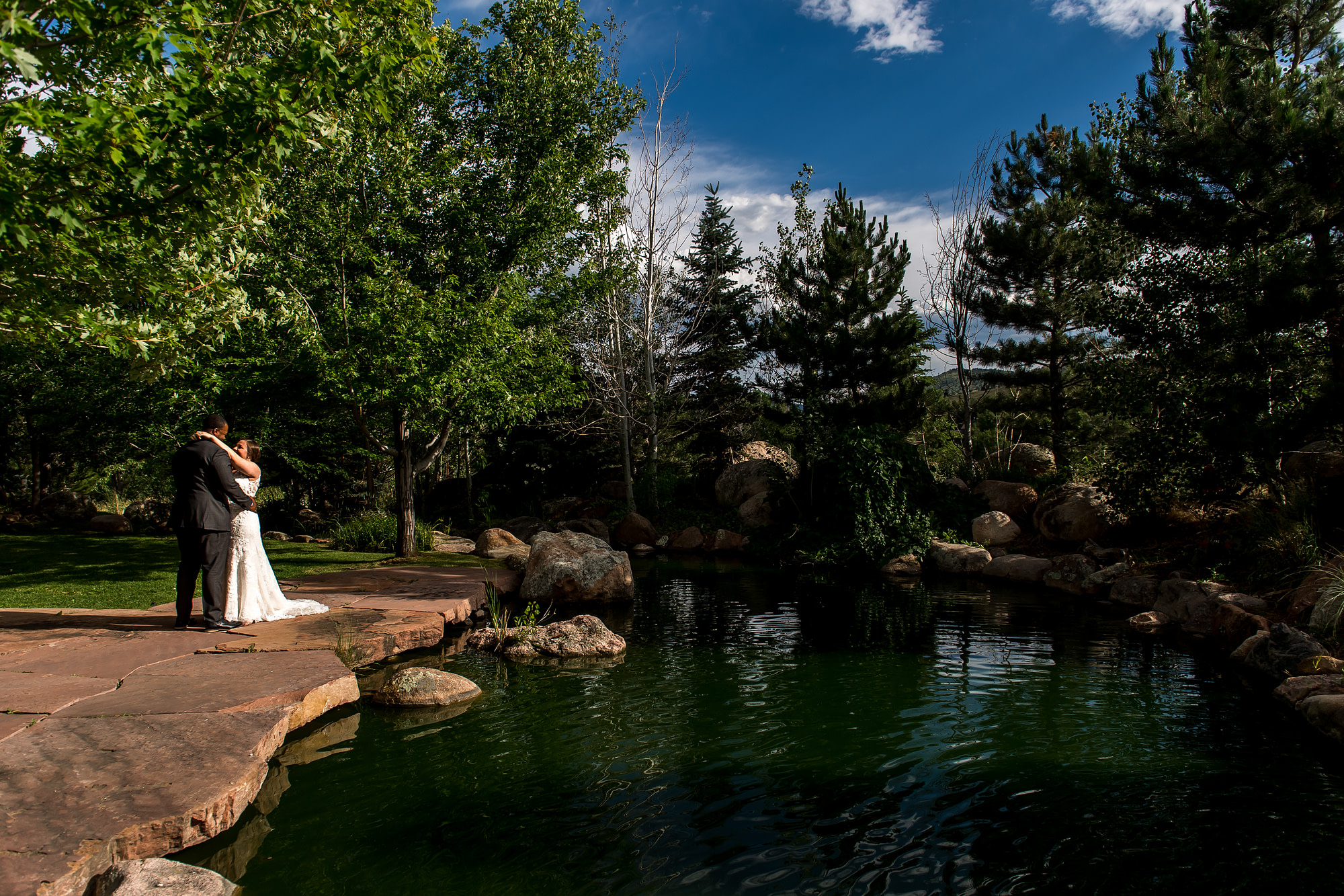 The bride and groom embrace after a Greenbriar Inn wedding in Boulder, Colorado.
