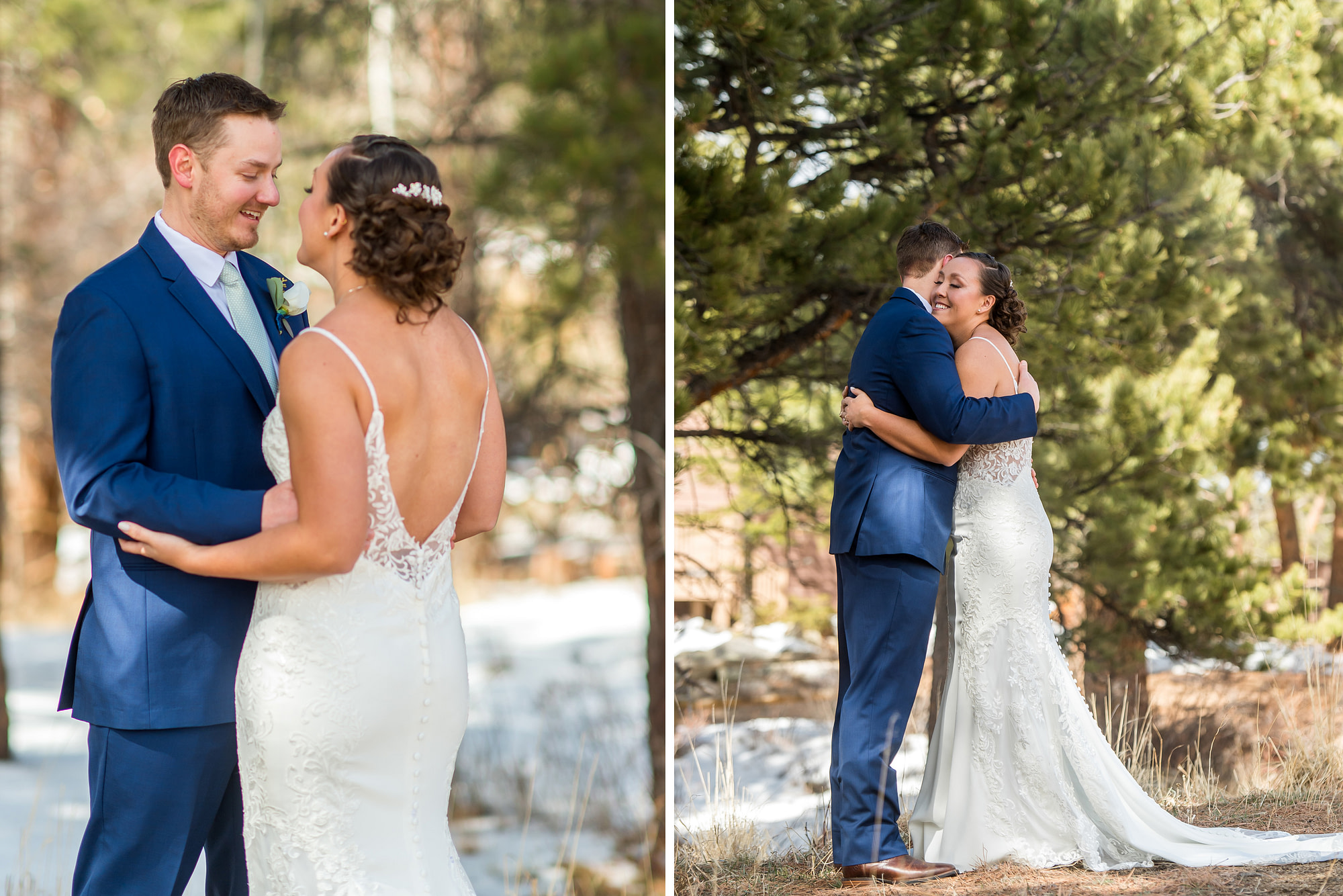 The bride and groom first look during their YMCA of the Rockies wedding in Estes Park, Colorado.